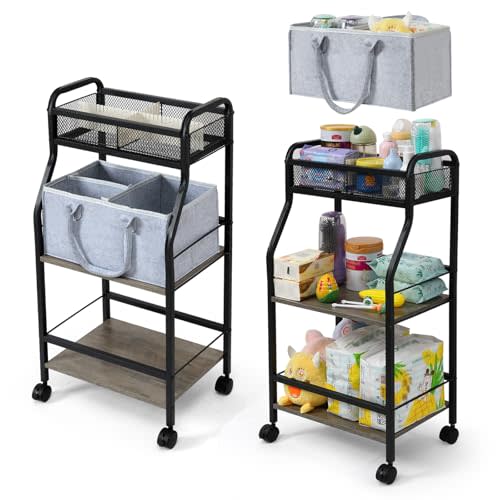 USENIOR Baby Cart Organizer 3-Tier Rolling Diaper Cart Diaper Baby Caddy Organizer with Removable Dividers Large Capacity, Easy to Assemble, Storage for Bedroom, Changing Table & Crib