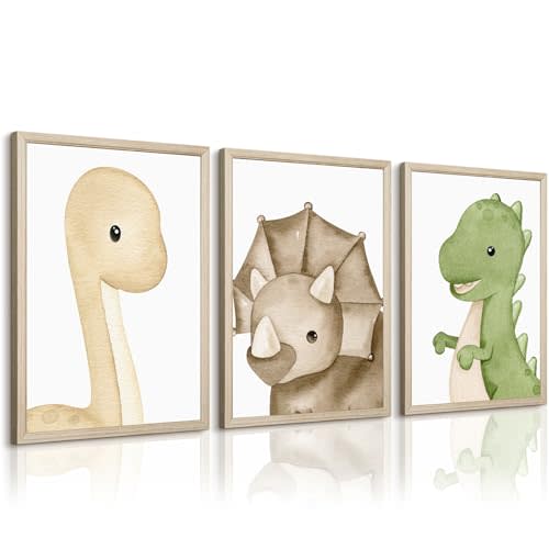 Dinosaur Wall Art Kids Boys Room Canvas Wall Decor Dino Nursery Wall Art Pictures Baby Dinosaur Poster Prints for Boys Bedroom Bathroom 16x24 Inch Wood Framed Set of 3
