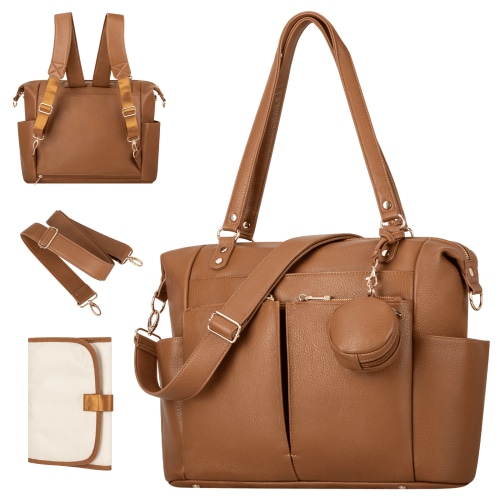 Diaper Bag Tote, 4 in 1 Diaper Bag Backpack with Changing station & Insulated Bottle Pockets, Convertible Baby Bag w/14 Pockets &Pacifier Case, Portable Newborn Baby Bag w/ Detachable Shoulder(Brown)