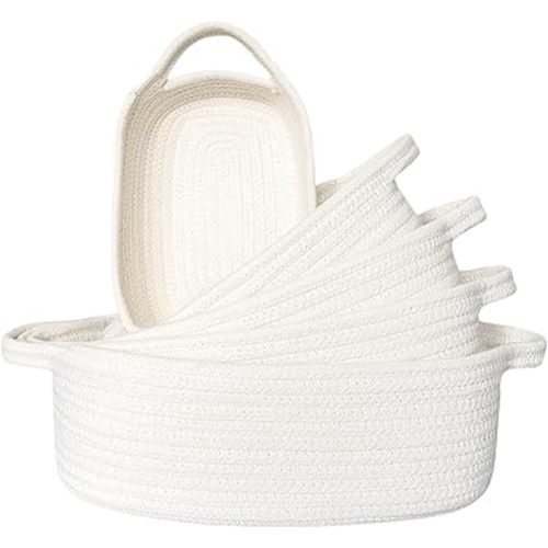 5-Piece Rectangle Storage Basket Set- Natural Cotton Rope Woven Baskets for Organizing! Small Basket for Montessori, Baby Nursery, Dog Toy Baskets, Cat Toy Box, Bathroom Organization Bin- White