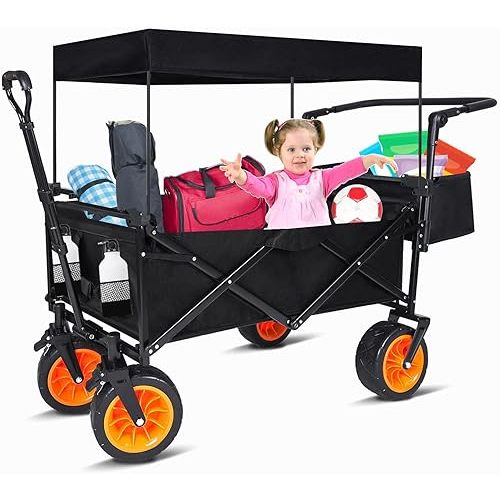 Kids Wagon Stroller Wagons with Canopy, Seat Belt, Wheel Locks, Adjustable Handles - Firm Toddler Baby Wagon Collapsible Camping Cart Push Wagon Beach Cart for Picnic Camping