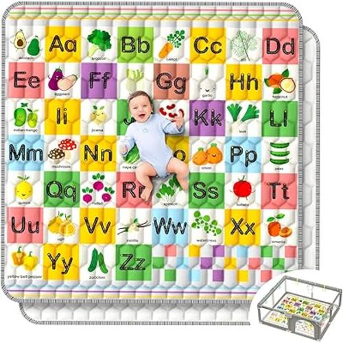 Gimars 50”x50” Padded Play Mat, Cute Pattern Design Play Playpen Mat, Thick One-Piece Foam Baby Playmat for Floor,Non-Slip & Machine Washable Crawling Mat for Infants,Toddlers, Foldable for Easy Store