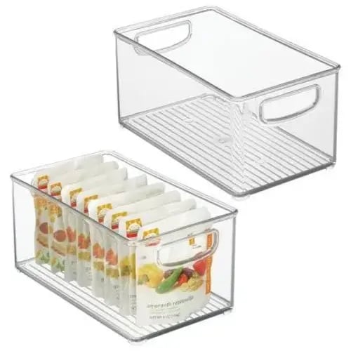 mDesign Plastic Baby Nursery and Food Organizer - Storage Holder Bin with Handles for Closet, Cupboard, Cabinet, Drawers, Shelves - Holds Canned Food, Bottles, Formula, and Milk - 4 Pack - Clear - 16 x 3.75 x 5 - Google Search