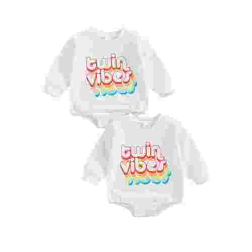 Suealasg Baby Twins Sweatshirts Rompers Newborn Baby Girl Boy Short Sleeve Letter Print Bodysuits Twins Boy Girl Matching Outfits 0-18 Months