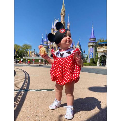 Mouse Ears Smocked Bubble Romper - Red polka dot, Baby Girl, Birthday, Magical Trip 111