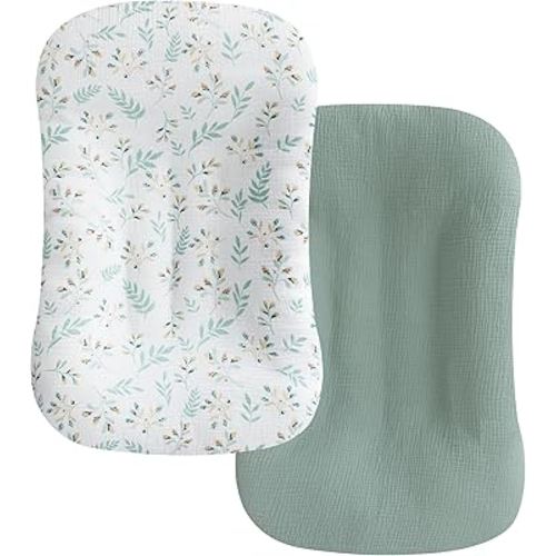 habibee Muslin Baby Lounger Cover 2 Pack, Cotton Baby Lounger Pillow Cover for Newborn, Organic Infant Lounger Cover for Boys and Girls, Green&Flower