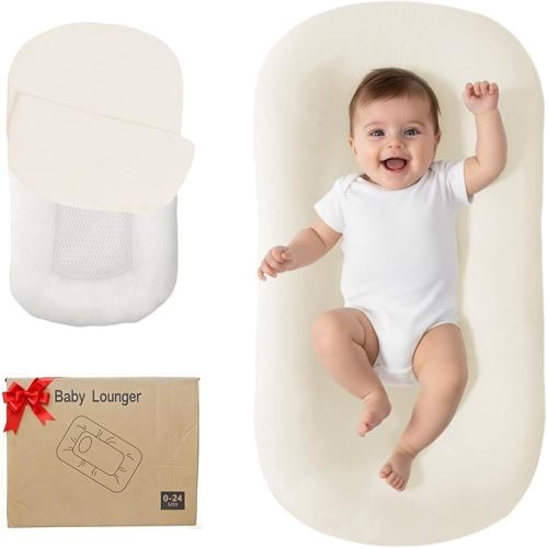 Lucakuins Baby Lounger, Bionic Design Baby Lounger for Newborn 0-24 Months, Soft Organic Cotton Breathable Lounger for Infants (White Newborn Lounger)