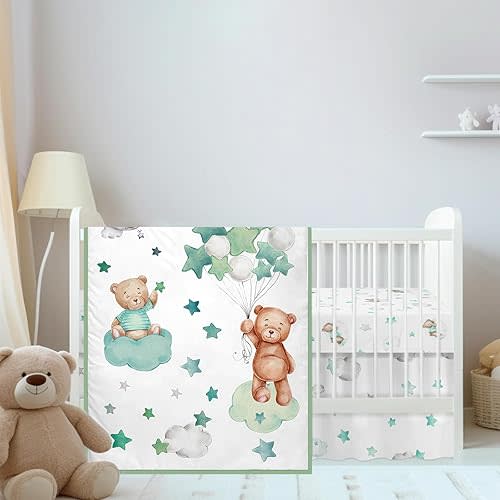 Mixweer 3 Pcs Crib Bedding Set for Boys Include Cloud Balloon Bear Theme Crib Sheets, Crib Skirt, Comforter for Boys Girls Baby Nursery Mini Crib Bedding Set