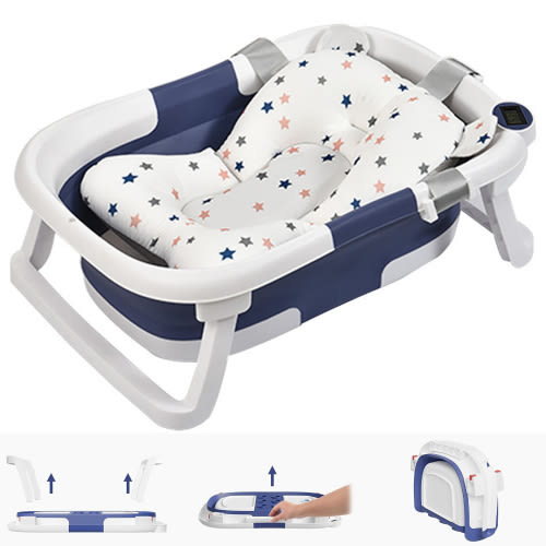 Prociv Collapsible Baby Bathtub for Infants to Toddler, Portable Travel Bathtub Multifunctional Bathtub with Drain Hole, Baby Folding Bathtub for Newborn 0-36 Month Blue