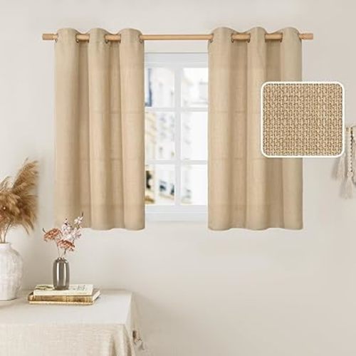 LAMIT Natural Linen Curtains 40 inch Length for Bedroom, Light Filtering Panels, Grommet Privacy Protected Linen Curtains for Small Window/Kids' Room, Set of 2 Panels (42 x 40 Inch, Natural Tan)