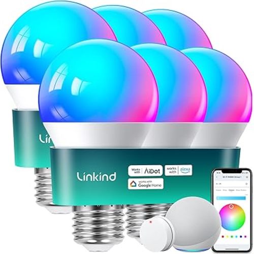 Linkind Smart Light Bulbs with Remote Control, Smart Bulb That Work with Alexa & Google Home, LED Light Bulbs Color Changing 64 Preset Scenes, A19 E26 2.4Ghz WiFi Light Bulbs Dimmable 60W 800lm 6 Pack