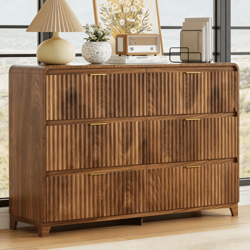 6 Drawer Walnut Double Dresser, Palifte Wood Storage Cabinet with Metal Handles for Living Room, Chest of Drawers for Bedroom
