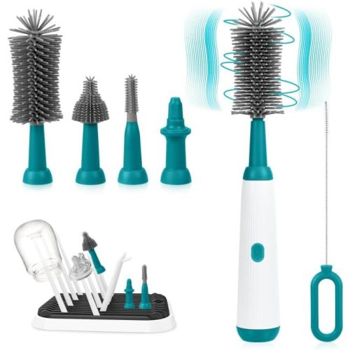 FTUREERA 6 Pcs Electric Bottle Brush Cleaner Set,Baby Bottle Brush,Countertop Baby Bottle Drying Rack for Bottles,Waterproof Replaceable 2 Nipple and Straw Silicone Brush