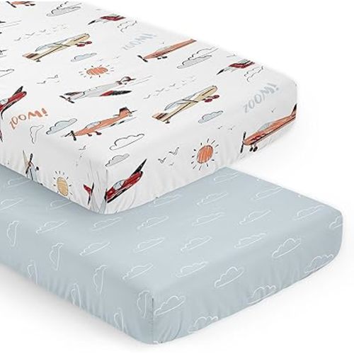 Sweet Jojo Designs Vintage Airplane Boy Baby Fitted Crib Sheet Set Infant Newborn Nursery Toddler Bed Room Standard Mattress 2p Blue Clouds Sky Grey Yellow Orange Red White Transportation Aviator