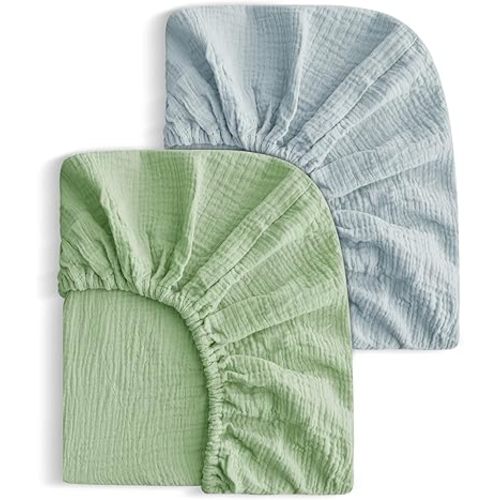 2 Pack Soft Muslin Baby Mini Crib Sheets, 100% Cotton Breathable Double Layer Fitted Sheets for Mini Crib and Pack N Play Mattresses 24x38 Inches, for Baby Girls and Boys (Sage & Fog