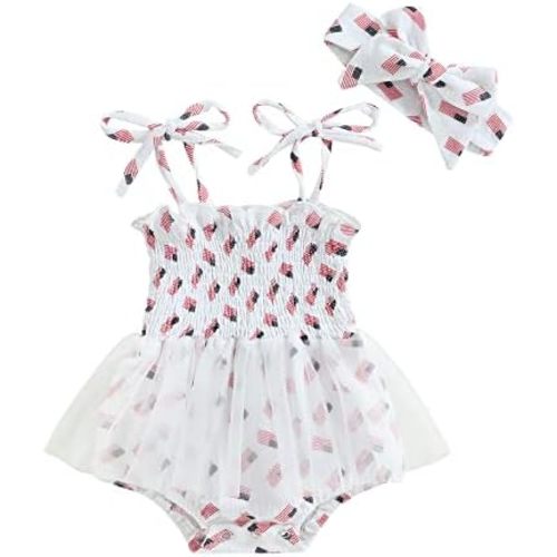 FYBITBO 4th of July Baby Girl Outfits American Flag Sleeveless Strap Romper Dress Tulle Bodysuit Infant Summer Clothes Set