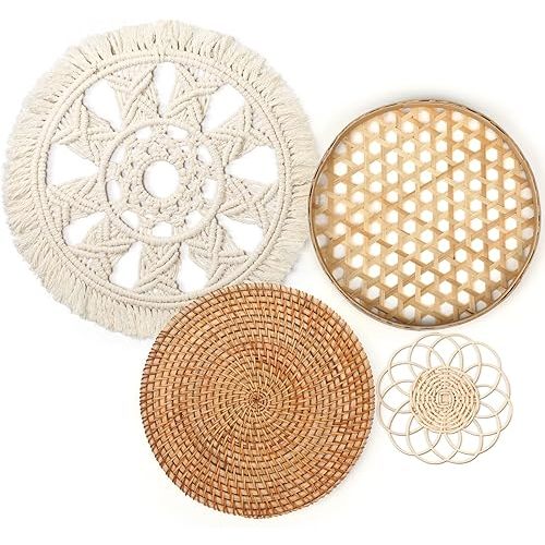 Set of 4 Boho Wall Basket Decor - Round Rattan Hollow Bamboo Flower Shape Flat Woven Hanging Set With Macrame Tassel Tapestry for Bedroom Living Room