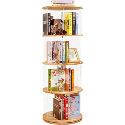 Rotating Bookshelf, 360 Degree Revolving Bookcase, 4-Tier Spinning Bookshelf, Clear Acrylic & Solid Wood Rotating Bookcase for Kid’s Playroom, Bedroom and Living Room, Round