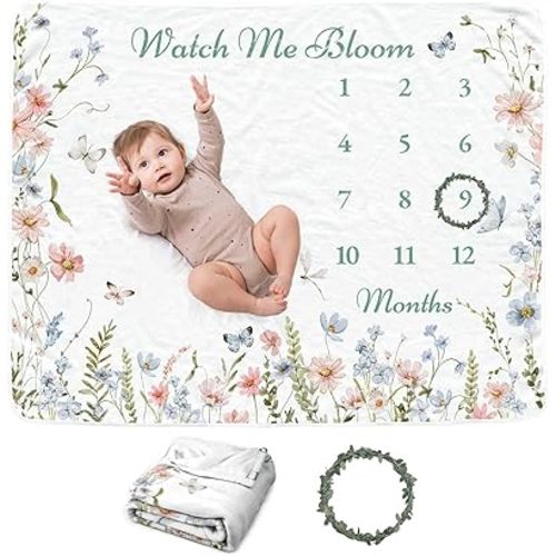 Wildflower Baby Monthly Blanket for Boys, Boho Newborn Month Blanket, Soft Flannel Photography Background Prop Blanket, Floral Personalized Shower Gift, Wildflower