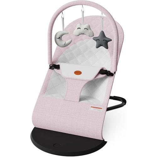 Portable Baby Bouncer Seat for Infants, 0-18 Months, 3 Modes of Use with Rocker & Stationary Options, Ergonomic Infant Chair with Hanging Toys,Pink