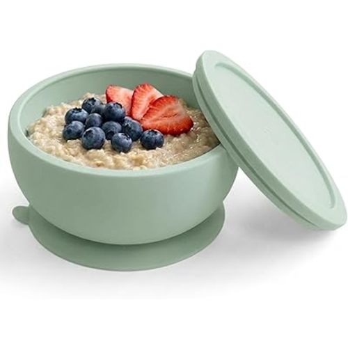 Octopod Silicone Baby Suction Bowl With Lid - Toddler & Baby Bowls, Baby Food Containers, Spill Proof Bowls For Toddlers, Suction Baby Bowls W/Lids, Food Grade Silicone Bowls For Babies (Sage Green)
