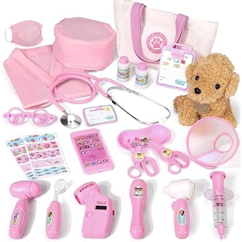 Kids Veterinarian Playset with Dog Toy, Real Stethoscope & Medical Bag, Pretend Play veterinarian Set for Girls Boys Birthday (Pink)