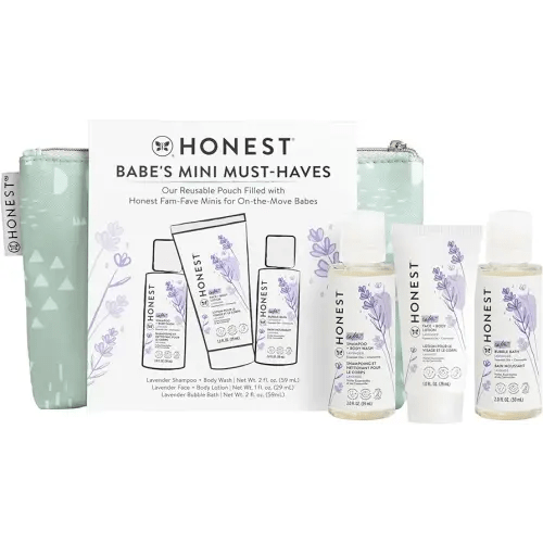 The Honest Company Babe's Mini Must Haves Gift Set | Travel Size Hypoallergenic Lavender Bathtime Essentials | Shampoo + Body Wash (2 fl oz), Face + Body Lotion (1 fl oz), Bubble Bath (2 fl oz)