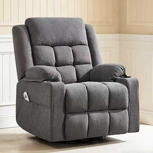 Swivel Rocker Recliner Chair with Massage and Heating,Cup Holders,Glider Recliner for Adults,Soft Fabric Living Room Nursing Reclining Sofa Chair (Darkgrey)