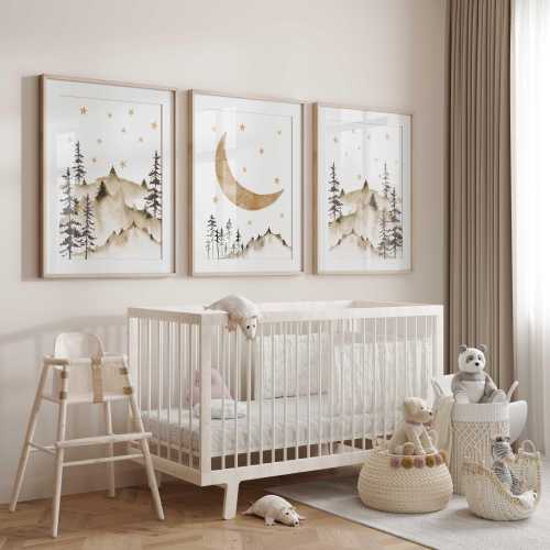 Mountain Moon and Stars Nursery Prints: Rustic Watercolor Wall Art, Set of 3