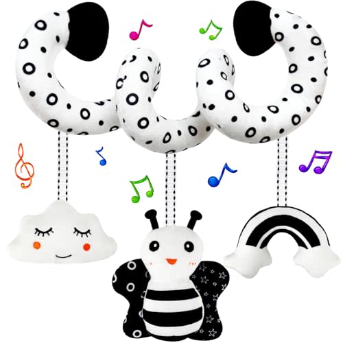 FNQUTOY Car Seat Toys Stroller Spiral Hanging Stroller Black and White High Contrast Baby Toys for Newborn,Infant Plush Activity Sensory Toys for 0 2 4 6 8 10 12 Months Boys Girls(Bee)