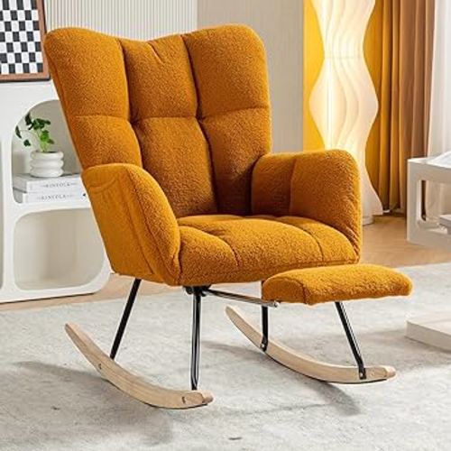 Rocking Chair with Foot Rest, Comfy Teddy Upholstered Nursery Glider Chair with High Back Side Pocket, Accent Rocker Arm Chair Sherpa Lounge Chair for Living Room Bedroom (Caramel)