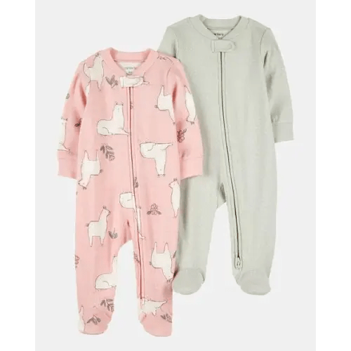 Baby Girl 2-Pack 2-Way Zip Cotton Sleep & Play Pajamas - Pink/Green