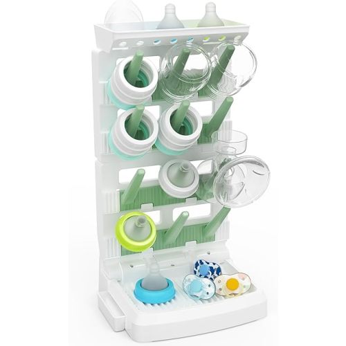 Baby Bottle Drying Rack for 12 Bottles, Space Saving Countertop Vertical Standing Bottle Dryer Rack for Baby Accessories & Pump Parts (Large White&Green)