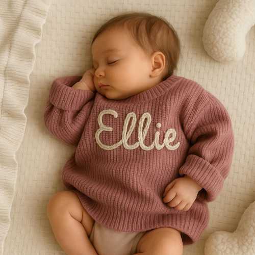 Hand-Embroidered Custom Name Baby Sweater: Personalised Knit, Personalised Holiday Keepsake Jumper for Kids & Babies