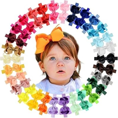 WillingTee Baby Girls 4.5 Inch Grosgrain Ribbon Boutique Hair Bows Headband, 30 Colors - Fantastic Hair Accessories for Baby Girls, Infants, Toddlers, Kids, Children & Teens
