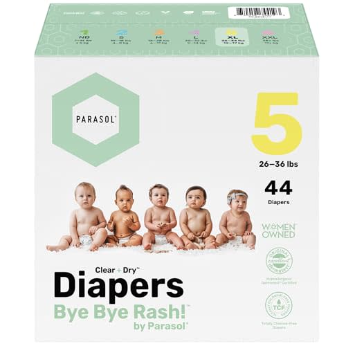 PARASOL Clear+Dry Disposable Diapers | RashShield Protection, Leakproof Design, Hypoallergenic | Size 5, (26-36 lbs) Box of 44 Count