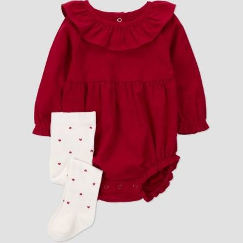 Carter's Just One You® Baby Girls' 2pc Valentine's Day Heart Ruffle Romper with Tights Set - Red 9M