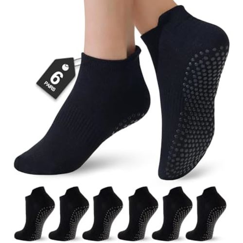 6 Pairs Pilates Socks for Women, Grip Yoga Crew Socks, Non Slip Grippy for Barre, Ballet, Dance & Hospital
