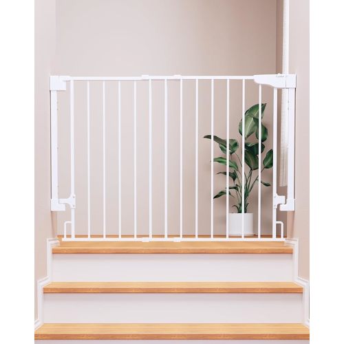 Cumbor 29.2-43" No Bottom Bar Baby Gate for Stairs, 2-in-1 Hardware Mounted Dog Gate Indoor, Auto Close Pet Gate for Doorways with Large Walk Thru Door, Wide Child-Proof Safety Gates for Kids (White)