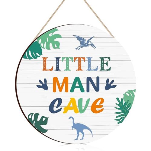 Little Man Cave Wooden Sign Dinosaur Quote Wood Plaque Nursery Hanging Wall Art Decor for Kids Toddler Boys Bedroom Playroom Living Room Decorations