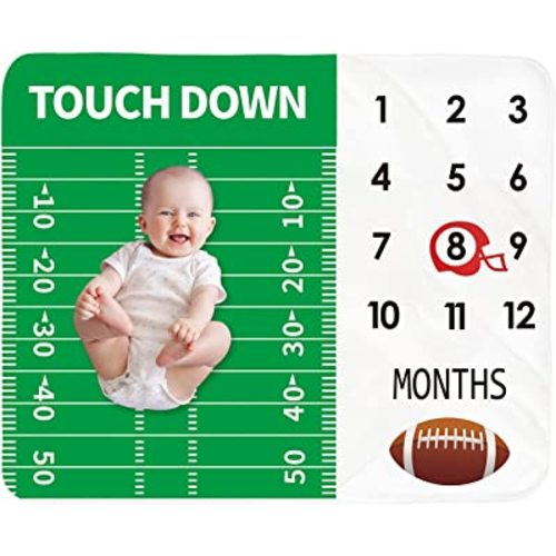 Baby Monthly Milestone Blanket Boy - Newborn Month Blanket Unisex Neutral Personalized Shower Gift Football Sports Nursery Decor Photography Background Prop with Frame Large 51''x40''