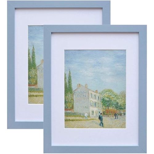 Muzilife 11x14 Wood Picture Frame with Real Glass Cover, Blue Photo Frame Display Pictures 8x10 with Mat or 11x14 Without Mat, Vertical & Horizontal on Wall, 2pcs