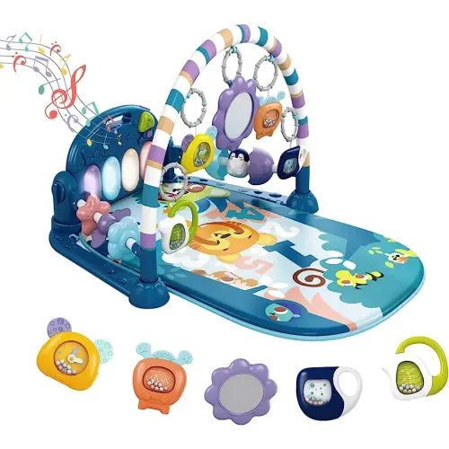 Dearlomum Baby Play Mat & Gym, Fun Piano Tummy Time Activity Mat with 5 Sensory Toys, Music & Lights - Boy & Girl Gifts, 0-12 Months (Blue)