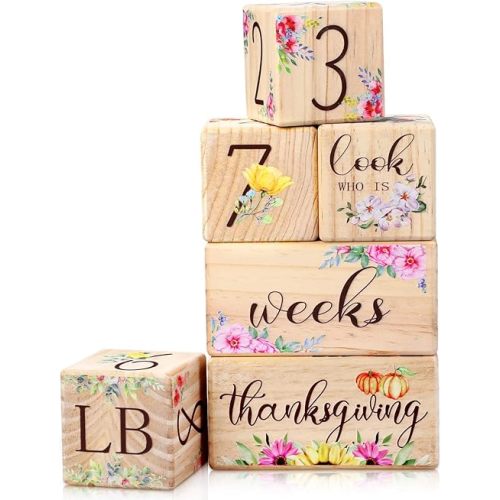 Sintuff 6 Pcs Baby Monthly Milestone Blocks Set Flower Natural Wooden Newborn Age Blocks with Week Month Year Grade Day Baby Age Photo Props for Girls Boys Shower Birthday Gift Decor