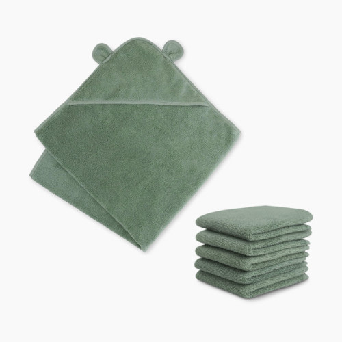 Natemia Organic Baby Hooded Towel and Washcloth Bundle - Sage