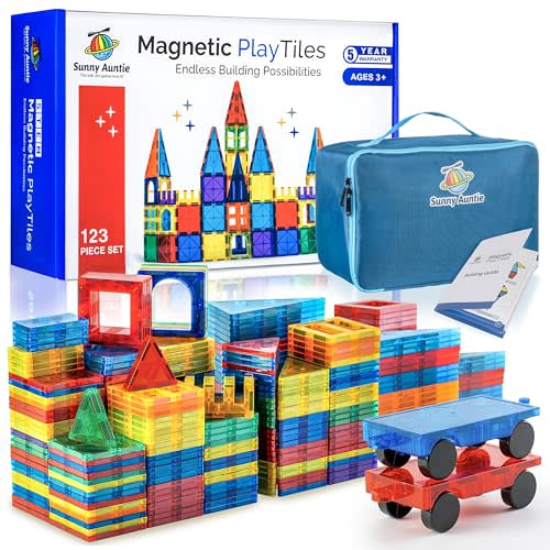 SUNNY AUNTIE Magnetic Tiles 123 PCS + Zippered CASE, Magnetic Tiles for Kids Toy for 3 4 5 6 7 8 Year Old Boys & Girls, Great Gift for Kids Aged 3-8