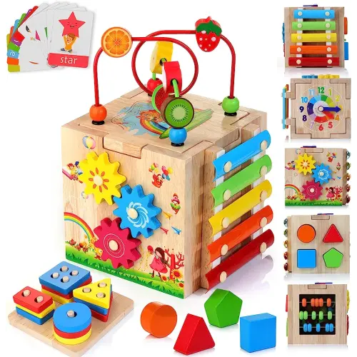 HELLOWOOD Wooden Activity Cube, 8-in-1 Montessori Toys for 1+ Year Old Boys & Girls, Educational Learning Toys for Toddlers Age 1-2, First Birthday Gift | Bonus Sorting & Stacking Board and Word Cards