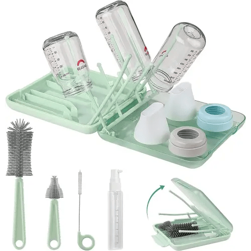 6 in 1 Bottle Cleaner Brush Set with Travel Bottle Drying Racks,360° Cleaning Baby Bottle Brush,Nipple Brush,Straw Cleaner Brush,Soap Dispenser & Organizer Case,Baby Essentials for Home&Travel(Green)