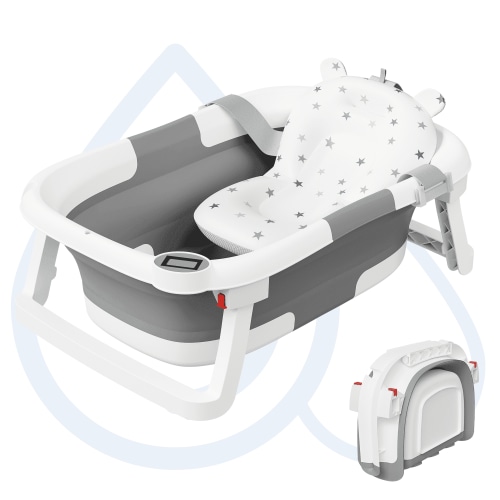 Aprpink Foldable Baby Bathtub PP+TPE with Soft Cushion&Thermometer for 0-36 Months Toddler Gray