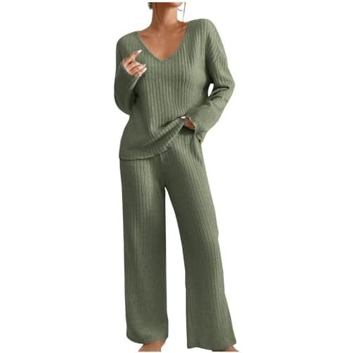 2 Piece Outfits for Women Knit Sweater Long Sleeve Crewneck Tops and Wide Leg Pants 2024 Ribbed Fall Lounge Set